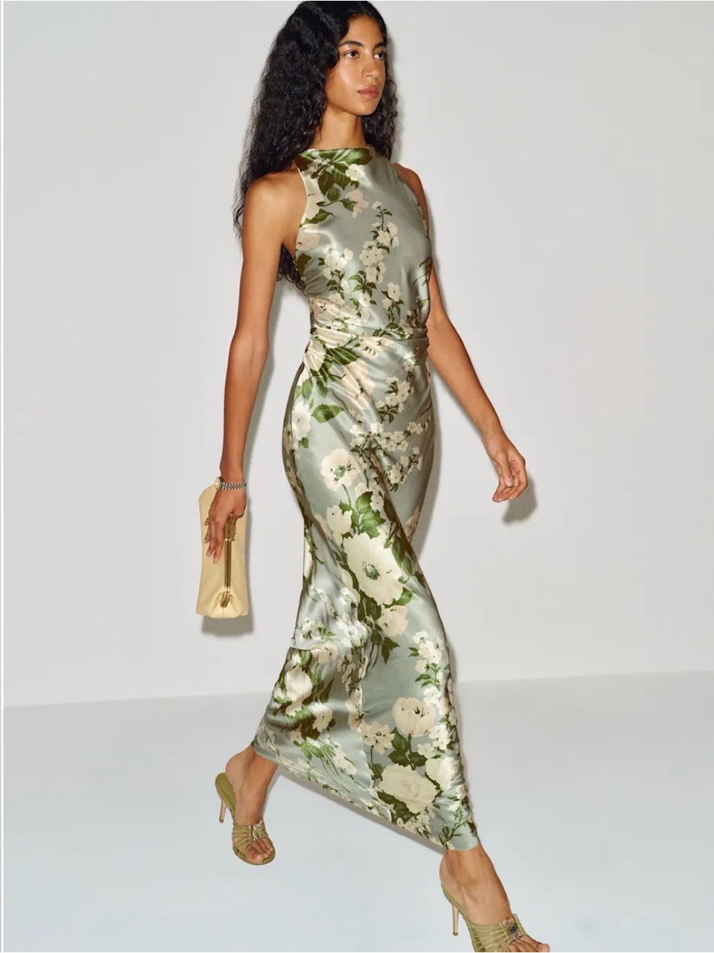 Reformation Anaiis Silk Dress Floral Halter Maxi Dress in Sage Green/Tarragon - Picture 3 of 3